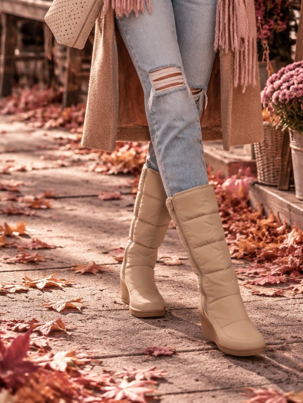 🛍️ KINNEY Women's Tan Vintage Rain Snow Faux fur Lining Front Zip Wedge Boots 8